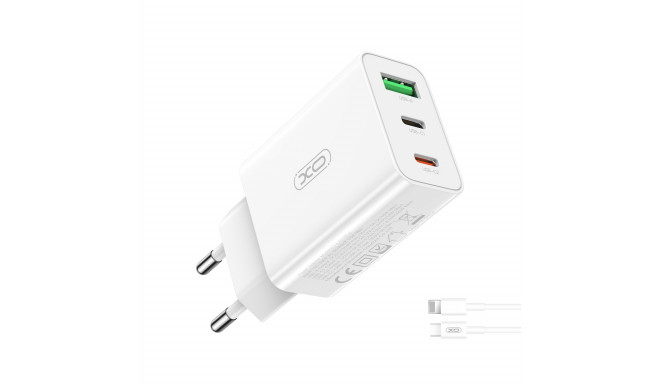 XO wall charger L101 PD QC 2x USB-C 1x USB white + USB-C - Lightning cable