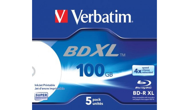 Verbatim BD-R XL 100GB* 4x Wide Inkjet Printable 5 Pack Jewel Case