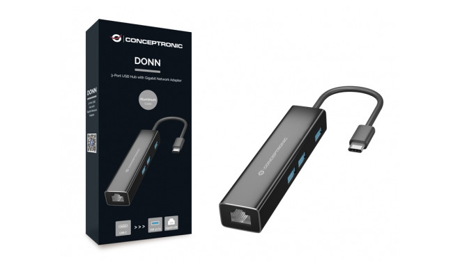 Conceptronic DONN 3-Port USB Hub with Gigabit Network Adapter