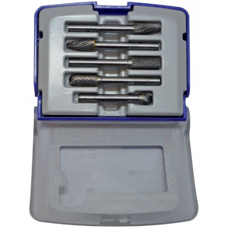 Set of Tungstene Carbide Rotary Burrs. Contains 5 rotary burrs Ø8mm with different shape. Shank Ø6 m