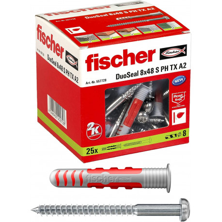 Dübel DuoSeal 8x48 S PH TX A2 (hellgrau/rot, 25 Stück, mit rostfreien Schrauben)