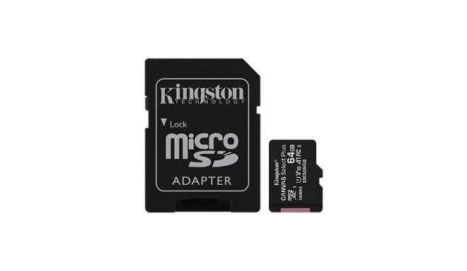 Kingston Canvas Select Plus UHS-I 64 GB, MicroSDXC, Flash memory class 10, SD Adapter