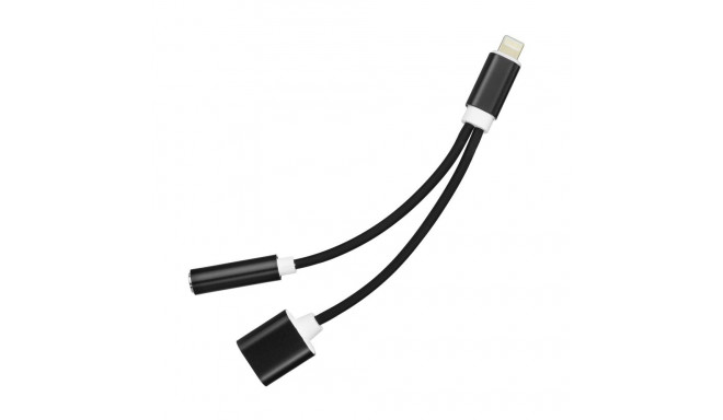 Adapter AUX 2in1 Lightning (male) to Lightning (female) / Jack 3,5 mm (female) black