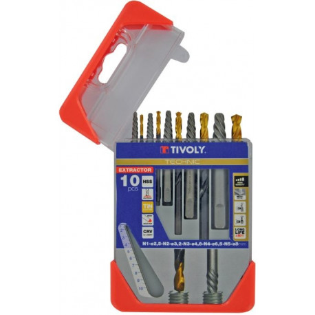 Tivoly extractor and drill bit set – 10-piece, screw extractors N1-N5, TiN-coated HSS drill bits 2.8