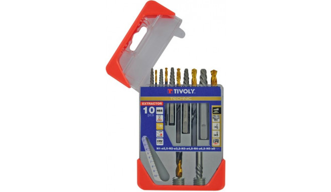 Tivoly Extractor & Drill Bit Set – 10-Piece, Stud Extractors N1–N5 + TiN-Coated HSS Bits Ø2.8–8 mm, 