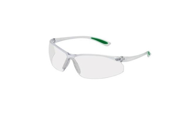 Safety spectacles MSA Featherfit, clear lense, clear/green earpiece, TuffStuff antiscratch coating