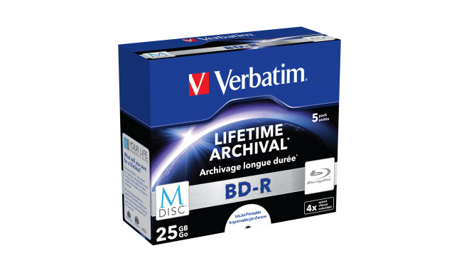 BD-R Verbatim M-Disc 25GB 4x Blu-Ray Inkjet printable Jewel Case (1pakk - pakis 5tk), Lifetime Archi