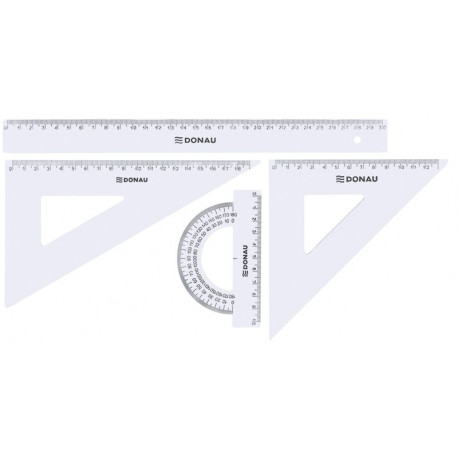Koolikomplekt (joonlaud 30cm, kolmnurgad 45` ja 60`, mall) läbipaistev, Donau