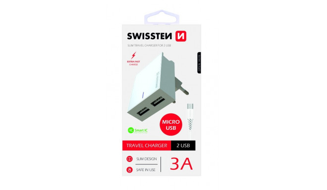 Swissten Smart IC Travel Charger 2x USB 3А / 15W With Micro USB Cable 1.2m