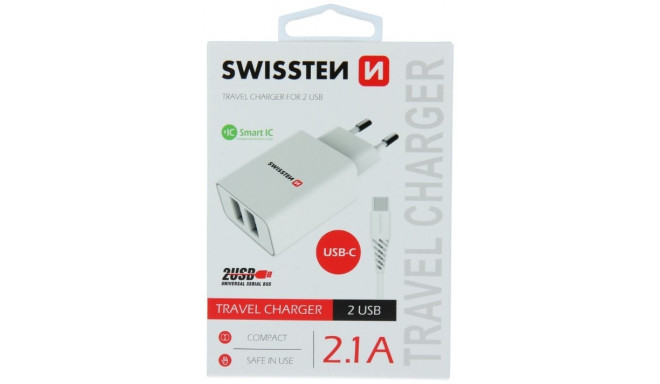 Swissten Smart IC Travel Charger 2x USB 2.1А with USB-C Cable 1.2 m