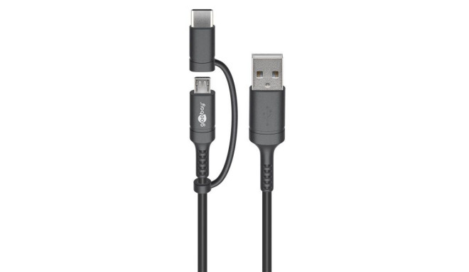 2in1 USB cable with Micro-B cable and USB-C plug 1m, black