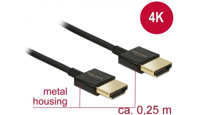 Delock Cable High Speed HDMI with Ethernet - HDMI-A male > HDMI-A male 3D 4K 0.25 m Slim High Qualit