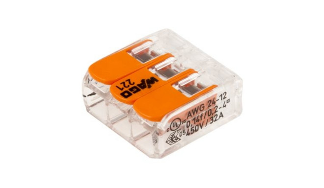 Terminal Block Connector, 3 Way/Pole, Spring Cage Terminals, 24 → 12 AWG Cable Mount, 450 V