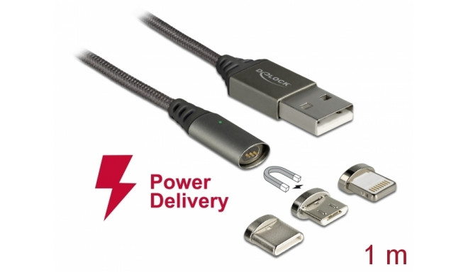 Delock Magnetic USB Charging Cable Set for 8 Pin / Micro USB / USB Type-C™ anthracite 1 m