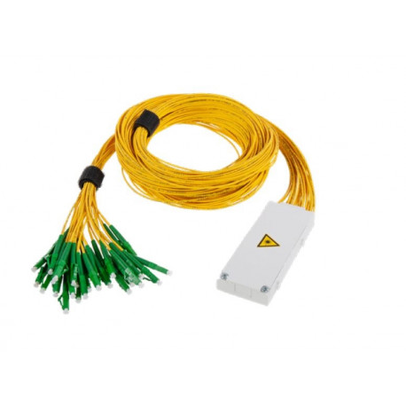 Small OCM8 module containing 1x 1:4 PLC splitter; LC/APC connectors on input and outputs; 1.8m pigta