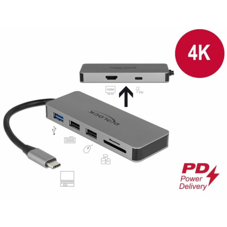USB-C dock: 1x HDMI 4K, 2x USB 2.0, 1x USB 3.0, 1x USB-C PD, SD pesad, sobib ka nutiseadmetele ja ma