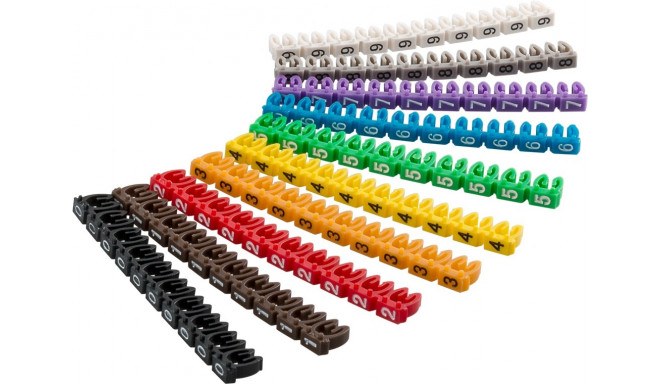Cable marker clips ‘Digits 0–9’ for cable diameters up to 2.5 mm; 100pcs, 10 different colour