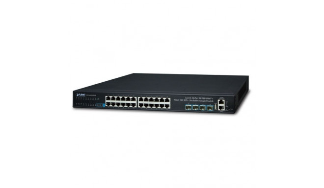Switch: 24 x 10/100/1000Mbps, 4 x SFP+, 1 x RJ-45 console, Stackable, Layer 3, räkitav