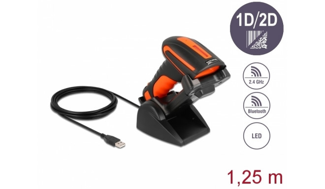 Delock Industrial Barcode Scanner 1D and 2D for 2.4 GHz or Bluetooth with inductive charging station