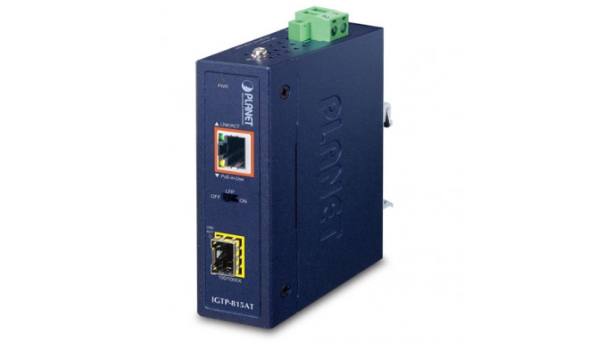 IP30 Compact size Industrial 100/1000BASE-X SFP to 10/100/1000BASE-T 802.3at PoE+ Media Converter (-