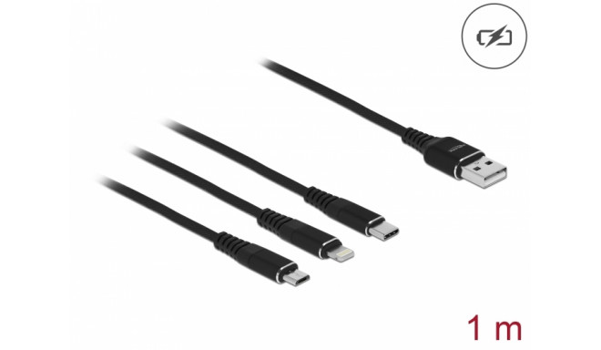 USB 2.0 kaabel A - USB-C, Micro - B, 8-pin Lighting, must, 1.0m