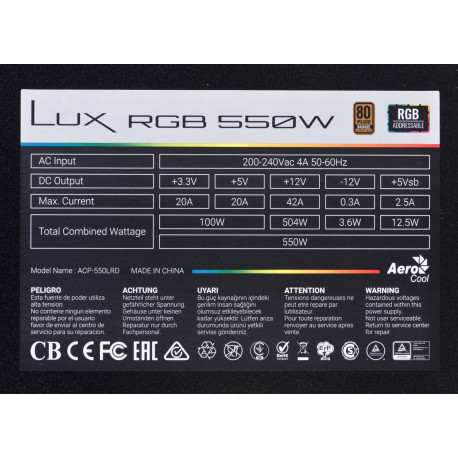 Aerocool Lux RGB 550M 550 W must toiteplokk