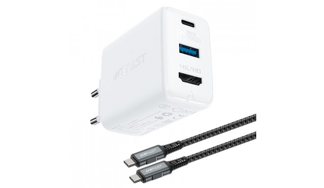 Acefast 2in1 charger GaN 65W USB Type C / USB, adapter adapter HDMI 4K @ 60Hz (set with cable) white