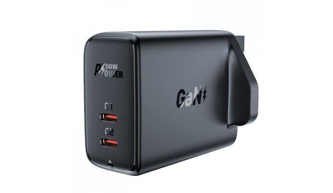 Acefast GaN charger (UK plug) 2x USB Type C 50W, Power Delivery, PPS, Q3 3.0, AFC, FCP black (A32 UK