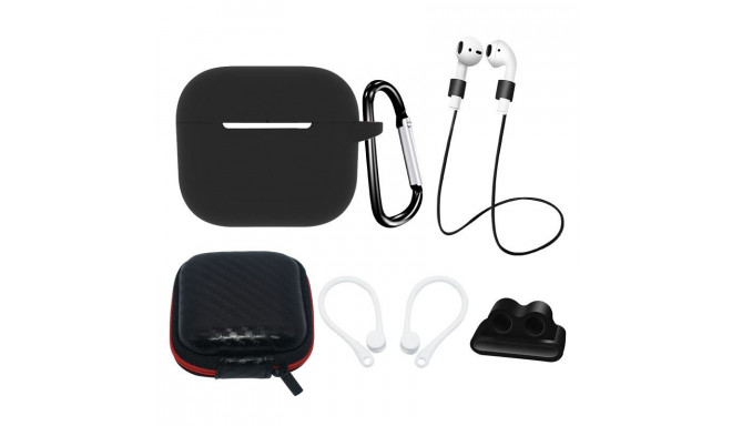 AirPods 3 Silicone Case Set + Case/Ear Hook/Neck Strap/Watch Strap Holder/Carabiner Clasp - black