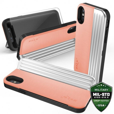 Zizo Retro Series - Etui iPhone Xs / X z kieszenią na karty + podstawka + szkło 9H na ekran (Peach/S