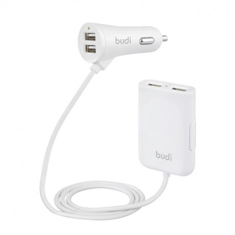 Budi - Ładowarka samochodowa 4x USB, 41W + rozdzielacz na kablu 1,8m (Biały)