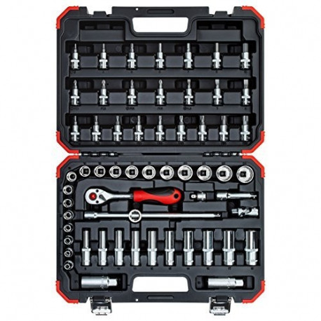 padrunvõtmete komplekt 3/8" 59-osaline ümberlülitatava ratsivõtmega SW 6mm-24mm, punane/must