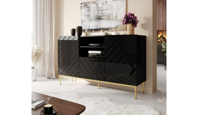 ABETO chest of drawers on golden steel frame 150x42x90 black/black gloss