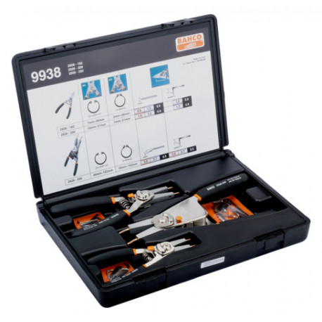 Set of three adjustable pliers for both internal and external circlips (straight, 15° and 90°) 160mm