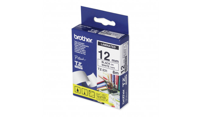 Lint Brother TZE231 12mm must/valge 8m