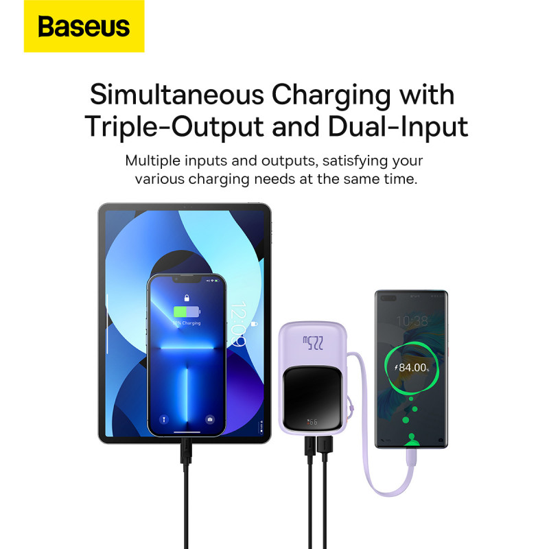 Baseus Qpow powerbank 10000mAh built-in USB Type-C cable 22.5W Quick Charge  SCP AFC FCP purple (PPQD020105)