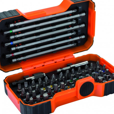 BAHCO bit set 1/4" 54 pcs colour coded with 2 adaptors PH,PH2G,PZ,SL,Hex,TORX,TORX TR,R 25mm 45pcs, 