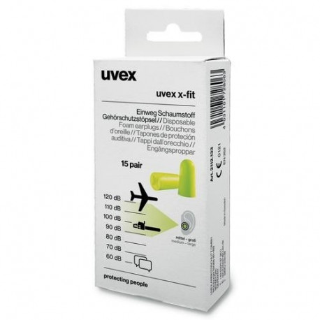 Disposable earplugs UVEX X-FIT, non-corded, lemon SNR: 37dB, for a very loud environments, 15 pairs 