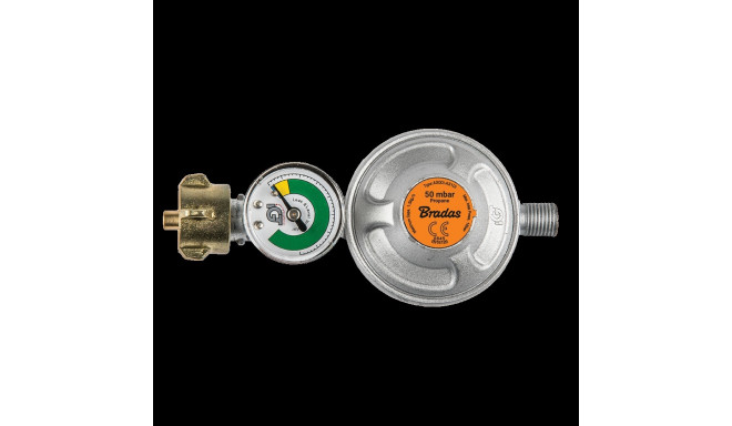 Propane butane gas regulator 50mbar, 1,5kg/h with emergency valve and gauge,
