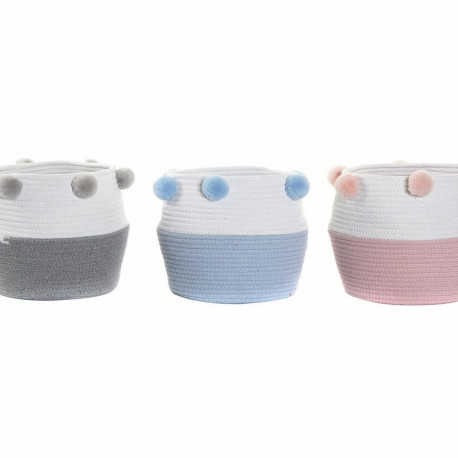 Basket set DKD Home Decor Pompoms 30 x 30 x 26 cm Wood