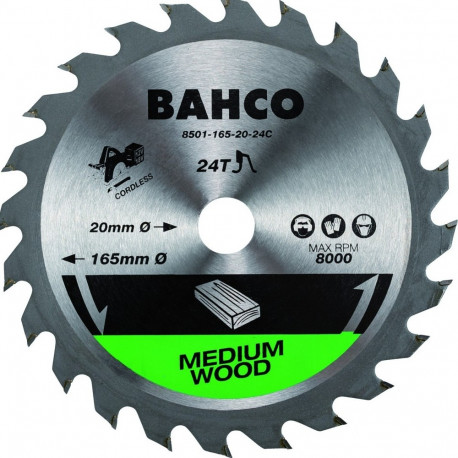 Circular saw blade Bahco 165x20mm 24H 18°, (10/16mm adaptors), for cordless tool, for wood