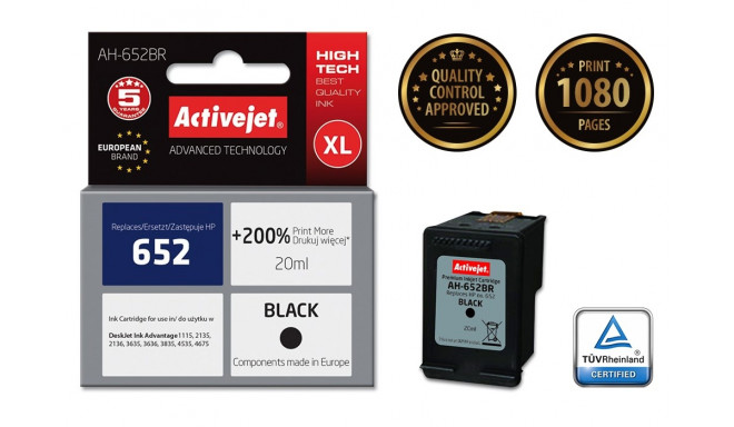 Activejet AH-652BR ink (replacement for HP 652 F6V25AE; Premium; 20 ml; black)