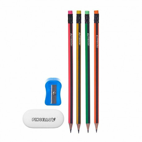 Pencil Set Pincello 476 476 Yellow Red Green Pink Pencil Sharpener Eraser (12 Units)