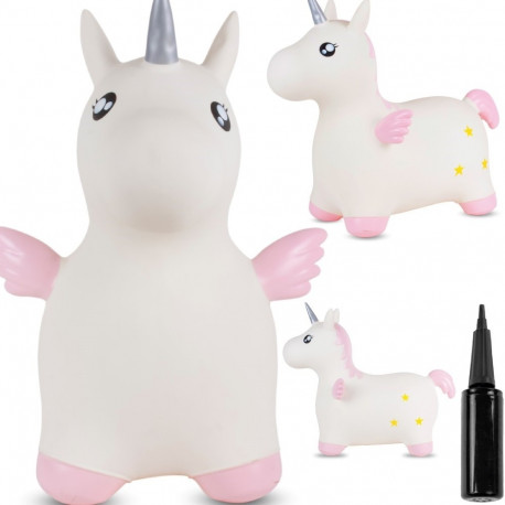 Skoczek gumowy dla dzieci JEDNOROŻEC 55 cm biały różowy ze skrzydełkami do skakania z pompką