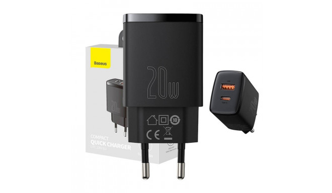 Baseus Compact Quick Charger, USB, USB-C, 20W (black)