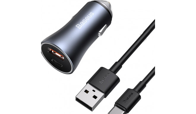 Ładowarka samochodowa Baseus Golden Contactor Pro, USB + USB-C, QC4.0+, PD, SCP, 40W (szara) + kabel
