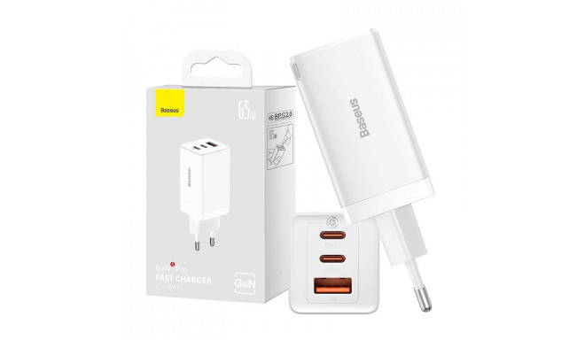 Wall charger Baseus GaN5 Pro 2xUSB-C + USB, 65W (white)