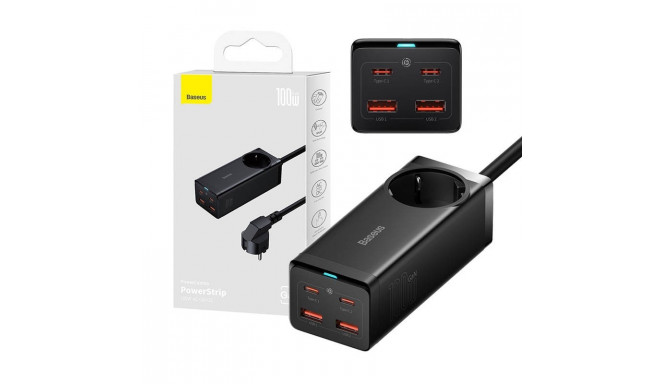 Baseus GaN3 Pro wall charger / powerstrip 2xUSB + 2xUSB-C + AC, 100W (black)