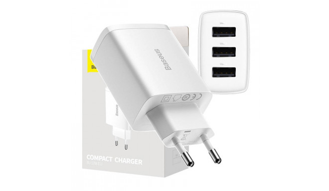 Baseus Compact Quick Charger, 3x USB, 17W (White)