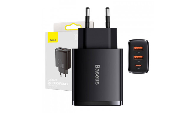 Charger Baseus Compact Quick Charger, 2xUSB, USB-C, PD, 3A, 30W (czarna)